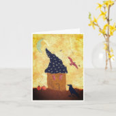 Fanciful Halloween Wenskaart met House, Crow Kaart (Gele Bloem)