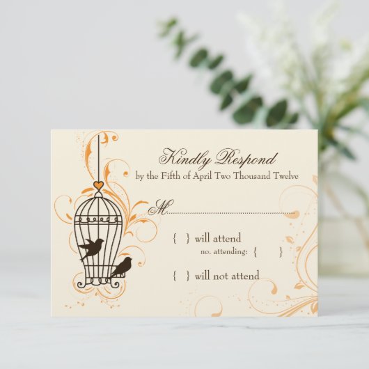 Fanciful Swirls Birdcage Oranje & Brown RSVP Kaartje (Staand voorkant)
