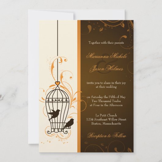 Fanciful Swirls Birdcage Oranje & Brown Wedding Kaart (Voorkant)