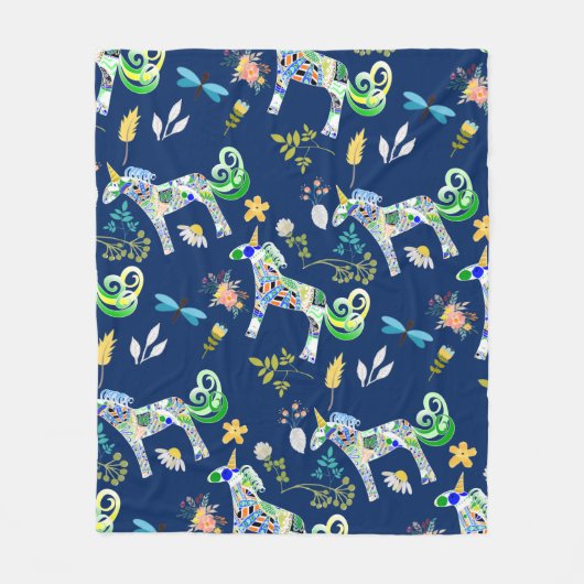 Fanciful Unicorns and Dragonflies Fleece Deken (Voorkant)