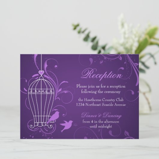 Fancile Birdcage & Swirls Eggplant Reception Kaart (Staand voorkant)