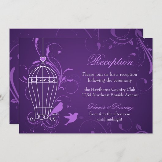 Fancile Birdcage & Swirls Eggplant Reception Kaart (Voorkant / Achterkant)