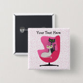 Fancy 1950s Style Zwarte witte katten in roze stoe Vierkante Button 5,1 Cm (Voorkant /achterkant)
