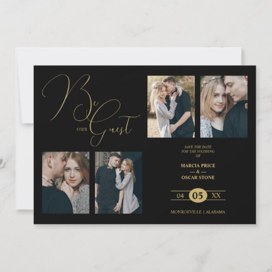 Fancy 4 Multi Photos Be our Guest Black Wedding Save The Date (Voorkant)
