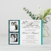 Fancy 50e Jubileum Uitnodigingen - Blauwe Damask (Staand voorkant)