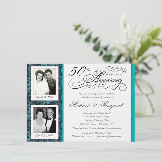 Fancy 50e Jubileum Uitnodigingen - Blauwe Damask (Staand voorkant)