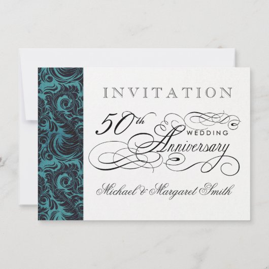 Fancy 50e Jubileum Uitnodigingen - Blauwe Damask (Achterkant)