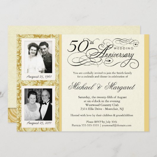 Fancy 50e Jubileum-uitnodigingen - Uw foto's Kaart (Voorkant / Achterkant)