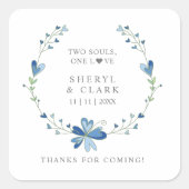 Fancy Aangepaste Blauwe Floral Wreath Wedding Vierkante Sticker (Voorkant)