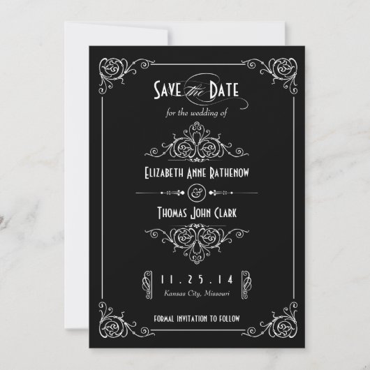 Fancy Art Deco Black & White Opslaan datum Save The Date (Voorkant)