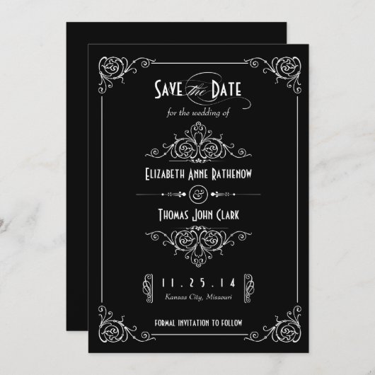 Fancy Art Deco Black & White Opslaan datum Save The Date (Voorkant / Achterkant)