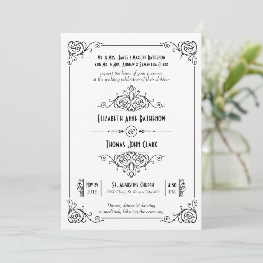 Fancy Art Deco Black & White Wedding Invitations Kaart (Staand voorkant)