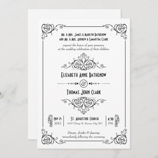 Fancy Art Deco Black & White Wedding Invitations Kaart (Voorkant / Achterkant)
