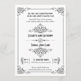 Fancy Art Deco Black & White Wedding Invitations Kaart
