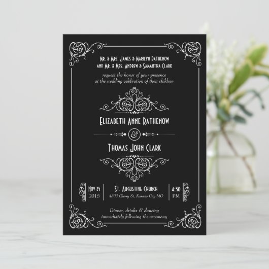 Fancy Art Deco Black & White Wedding Invitations Kaart (Staand voorkant)