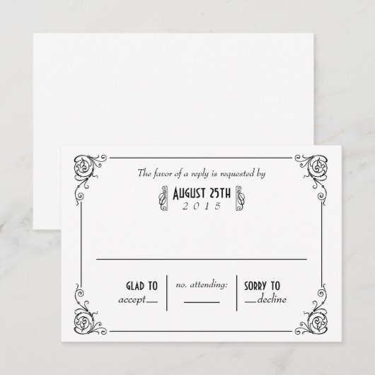 Fancy Art Deco Black & White Wedding RSVP-Kaarten RSVP Kaartje (Voorkant / Achterkant)