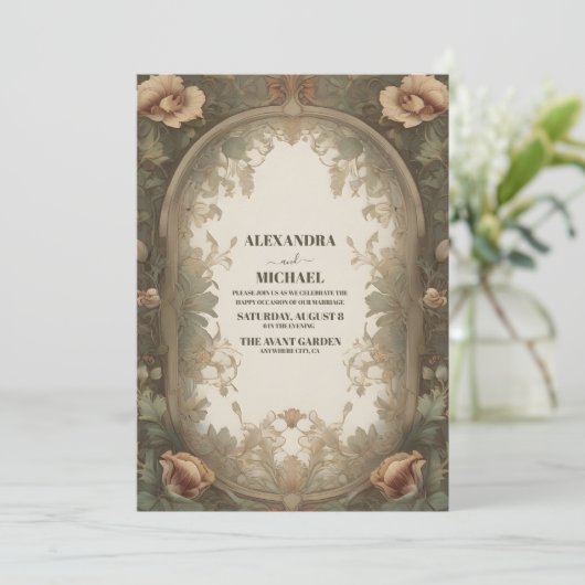 Fancy Art Nouveau Bloemenbruiloft Kaart (Staand voorkant)