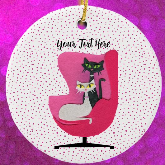 Fancy Atomic Cats in Roze Stoel Stippen Wit Keramisch Ornament