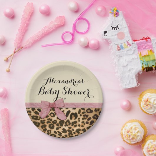Fancy Baby shower leopard Pink Bow Girl Papieren Bordje (Feest)
