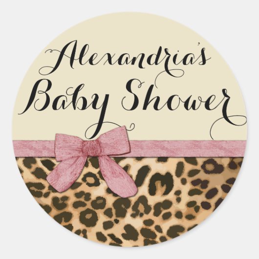 Fancy Baby shower leopard Pink Bow Girl Ronde Sticker (Voorkant)