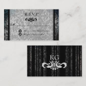 Fancy Black Damask Monogram Reception RSVP-kaart Informatiekaartje (Voorkant / Achterkant)