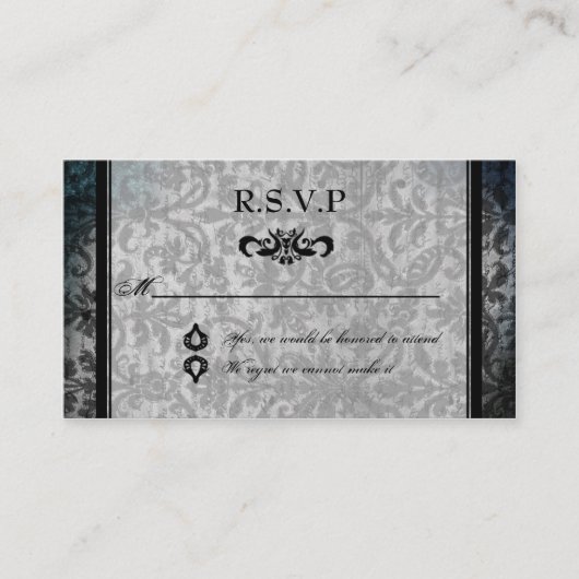Fancy Black Damask Monogram Reception RSVP-kaart Informatiekaartje (Voorkant)