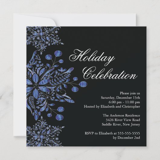 Fancy Black Jewel Snowflakes Holiday Party Kaart (Voorkant)