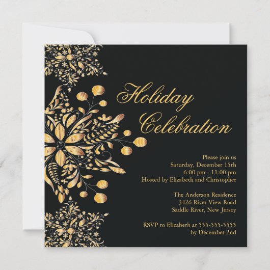 Fancy Black Jewel Snowflakes Holiday Party Kaart (Voorkant)