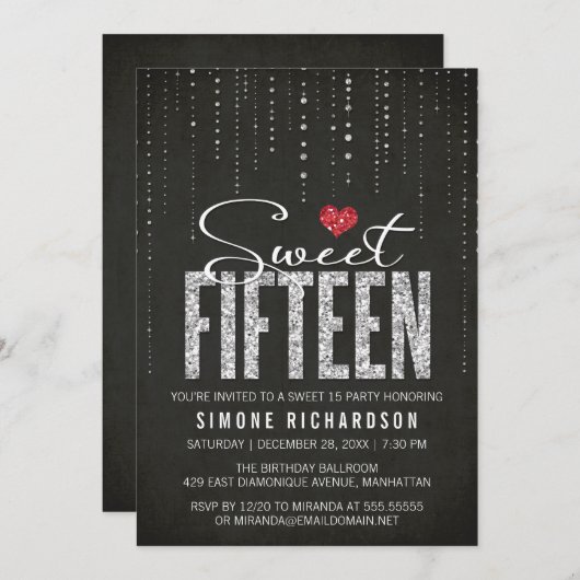 Fancy Black Silver Red Sweet 15-jarige feestdag Kaart (Voorkant / Achterkant)