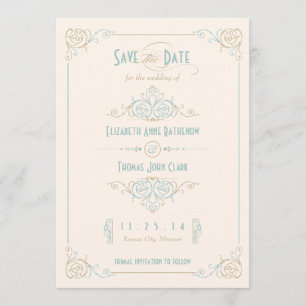 Fancy Blauw en Bronze Kunst Deco sparen de Datum Save The Date