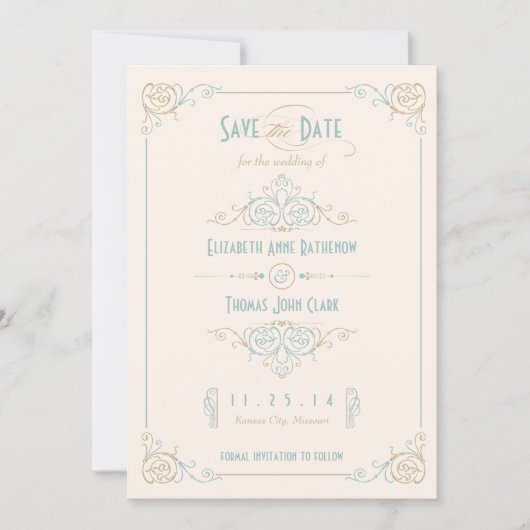 Fancy Blauw en Bronze Kunst Deco sparen de Datum Save The Date (Voorkant)