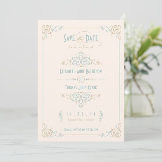 Fancy Blauw en Bronze Kunst Deco sparen de Datum Save The Date (Staand voorkant)
