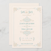 Fancy Blauw en Bronze Kunst Deco sparen de Datum Save The Date (Voorkant / Achterkant)