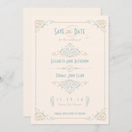 Fancy Blauw en Bronze Kunst Deco sparen de Datum Save The Date (Voorkant / Achterkant)