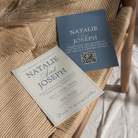 Fancy Blauw en Wit Old Money QR Code Huwelijk Kaart