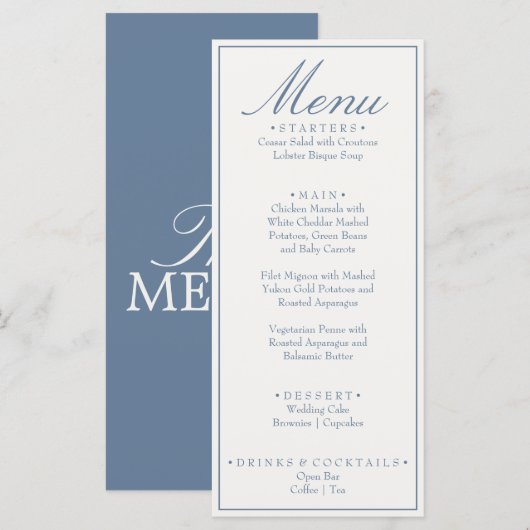 Fancy Blauw en Witte Luxe Trouwfeest met Oud Geld Menu (Voorkant / Achterkant)