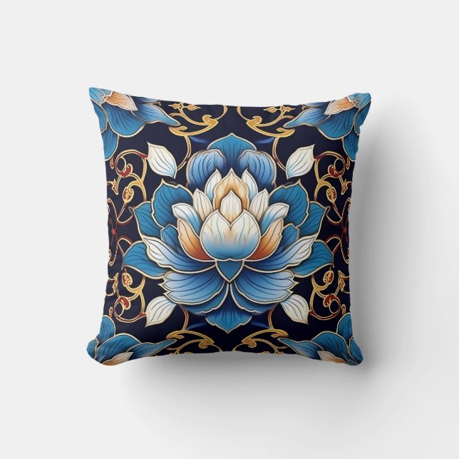Fancy Blauw Lotus Tegel Patroon Kussen (Voorkant)