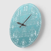 Fancy Blauwgroen Aqua Turquoise en White Damask Grote Klok (Hoek)