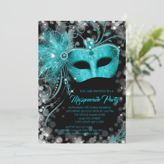Fancy Blauwgroen Blauwe Glitter Masquerade Party Kaart (Staand voorkant)
