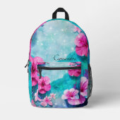 Fancy Blauwgroen en Roze Waterverf Hibiscus Flower Bedrukte Rugzak (Voorkant)
