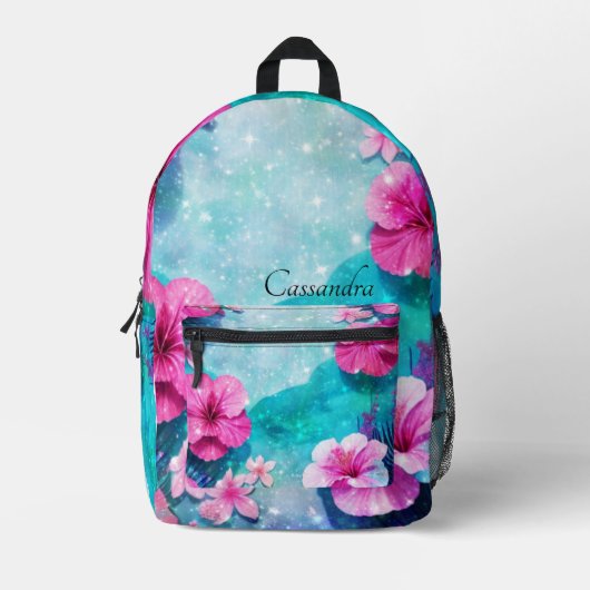 Fancy Blauwgroen en Roze Waterverf Hibiscus Flower Bedrukte Rugzak (Voorkant)