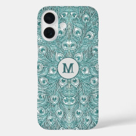Fancy  Blauwgroen Pauw Veren met Monogram iPhone 16 Hoesje