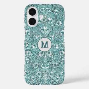 Fancy  Blauwgroen Pauw Veren met Monogram iPhone 16 Hoesje