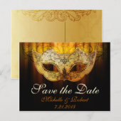 Fancy Bloei Gouden Maskerade Trouwen Save the Day Aankondigingskaart (Voorkant / Achterkant)