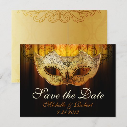 Fancy Bloei Gouden Maskerade Trouwen Save the Day Aankondigingskaart (Voorkant / Achterkant)