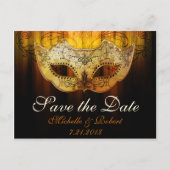 Fancy Bloei Gouden Maskerade Trouwen Save the Day Aankondigingskaart (Voorkant)