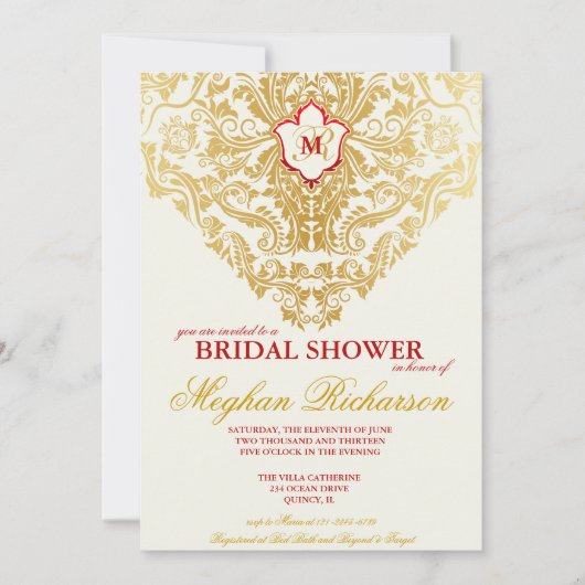 Fancy Bloeit Golden Bridal Shower Invitation Kaart (Voorkant)