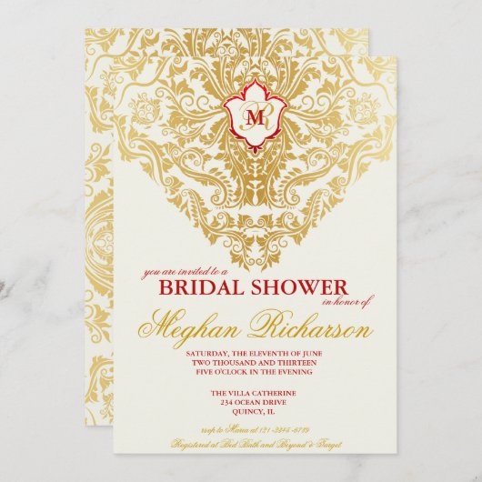 Fancy Bloeit Golden Bridal Shower Invitation Kaart (Voorkant / Achterkant)