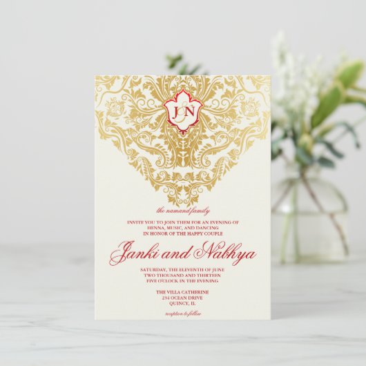 Fancy bloeit gouden indiase arabische bruiloft kaart (Staand voorkant)