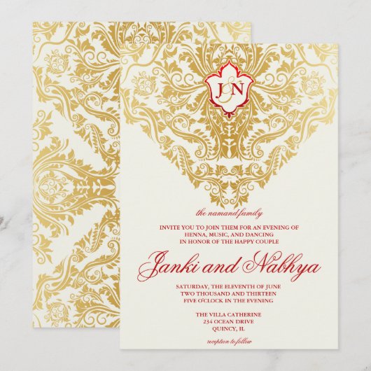 Fancy bloeit gouden indiase arabische bruiloft kaart (Voorkant / Achterkant)